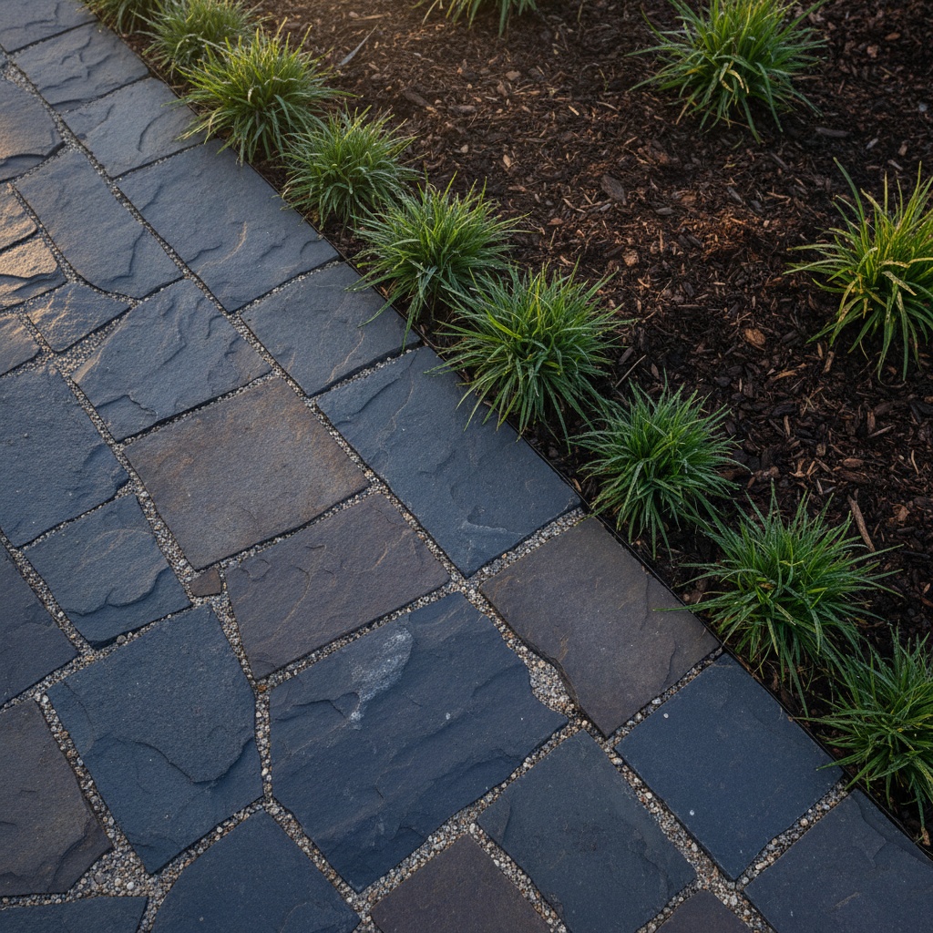 Overhead detail of a hand-laid bluestone path meeting clipped native grasses and dark mulch