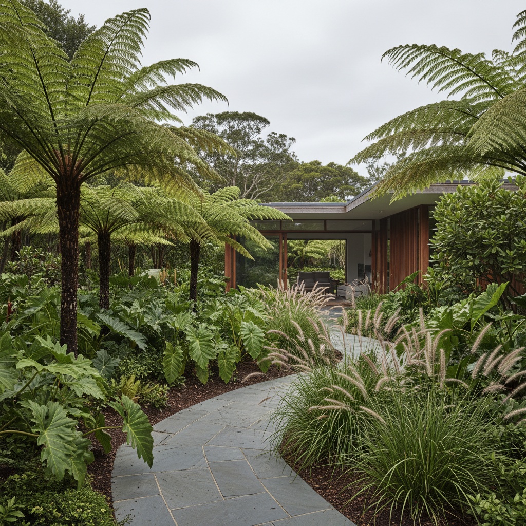 A mature layered subtropical garden with tree ferns and native grasses beside a bluestone path