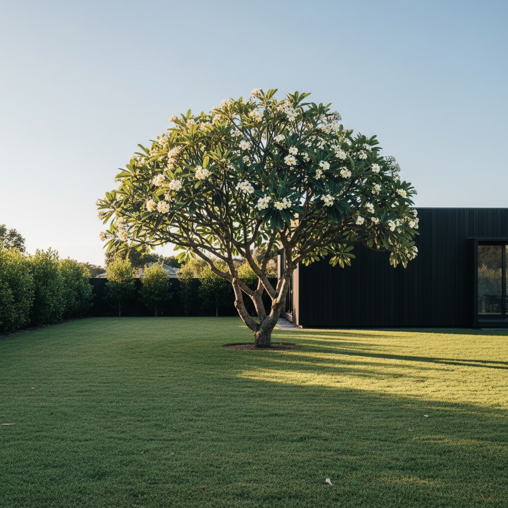 A single established frangipani casting a long shadow across clean lawn beside a dark timber house