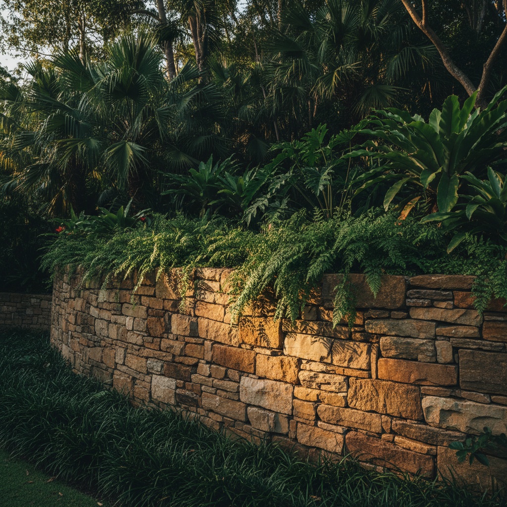 A dry-stacked stone retaining wall with ferns spilling over the top in warm afternoon light